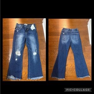 Classic Blue Flare Jeans with Distressed Details